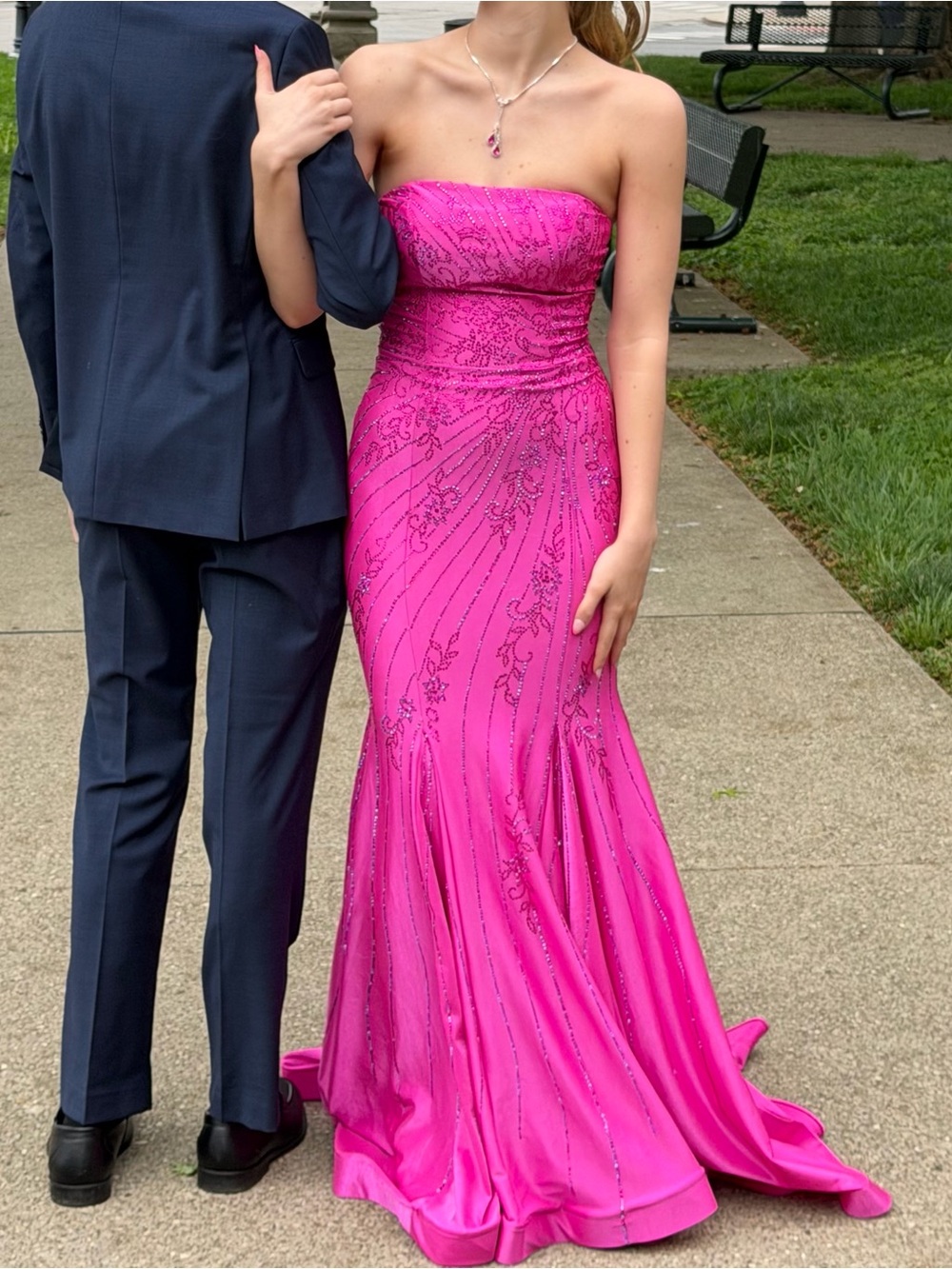 Strapless Fuchsia Sequin-Detail Evening Gown